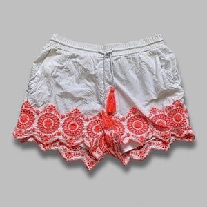 Charlotte Russe Cotton Shorts Embroidered Hem Tassel Tie White/Coral Women’s XL